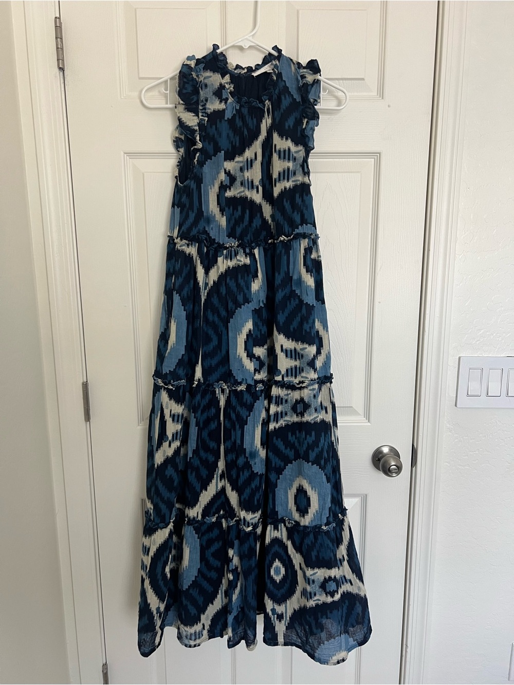 Caroline Constas Tiered Cotton Maxi Dress Blue Cream Small size